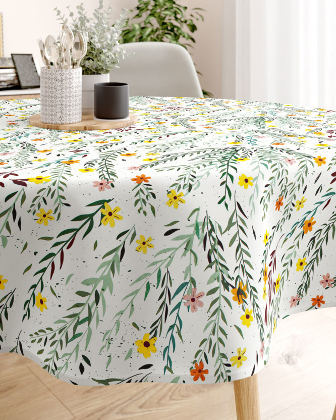 Pamut asztalterítő - festett virágok és levelek - kör alakú