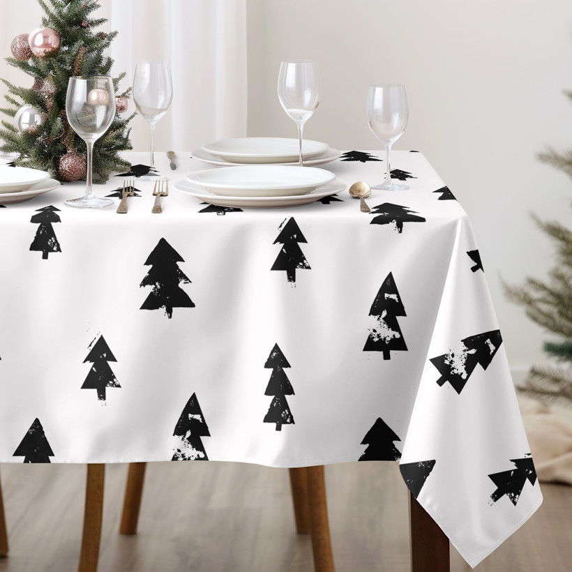 Karácsonyi pamut asztalterítő - fekete karácsonyfák fehér alapon