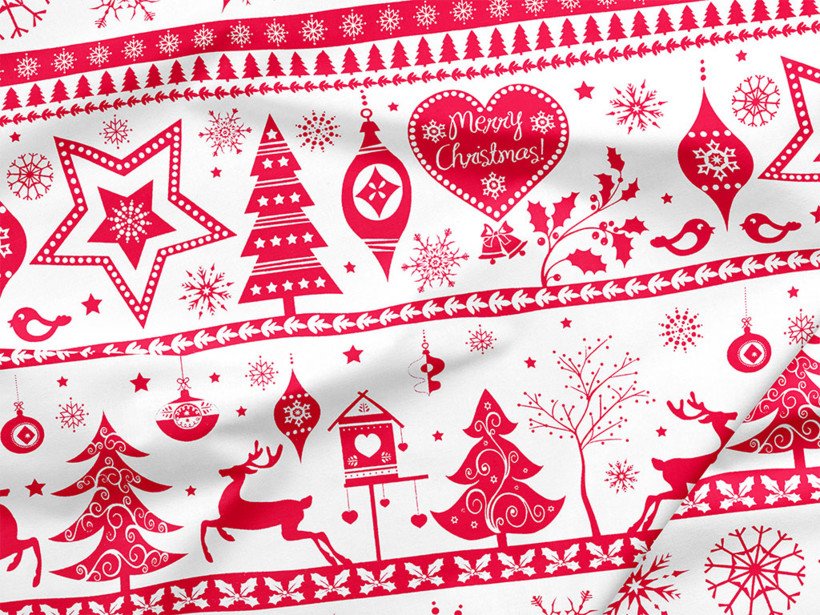 Pamutszövet - piros színű karácsonyi szimbólumok fehér alapon