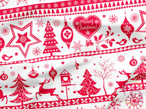 Karácsonyi pamutszövet - piros színű karácsonyi szimbólumok fehér alapon