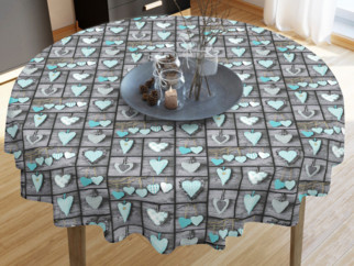 Pamut asztalterítő - türkiz szívek sütétszürke alapon - kör alakú