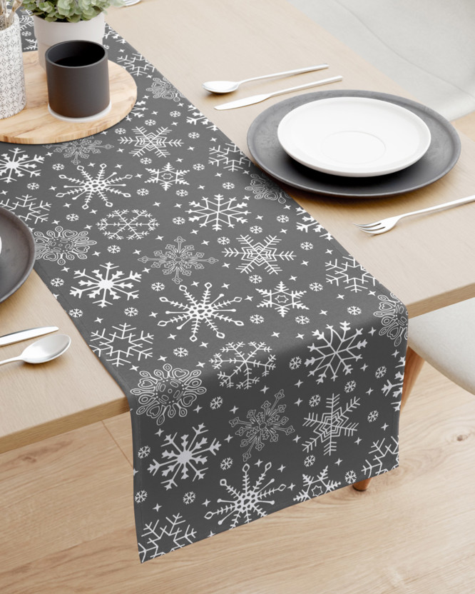 Karácsonyi pamut asztali futó - hópihék szürke alapon