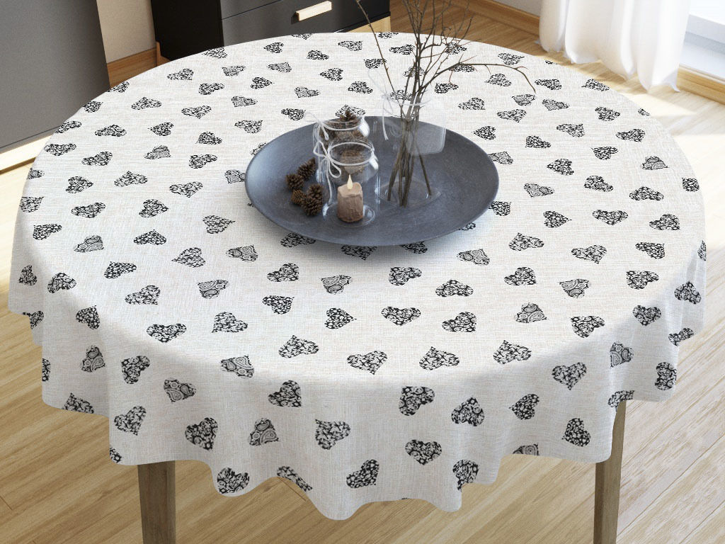 LONETA dekoratív asztalterítő - szürke szívek - világos vászonszövésű - kör alakú