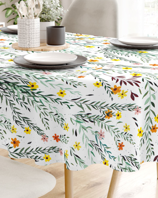 Pamut asztalterítő - festett virágok és levelek - ovális