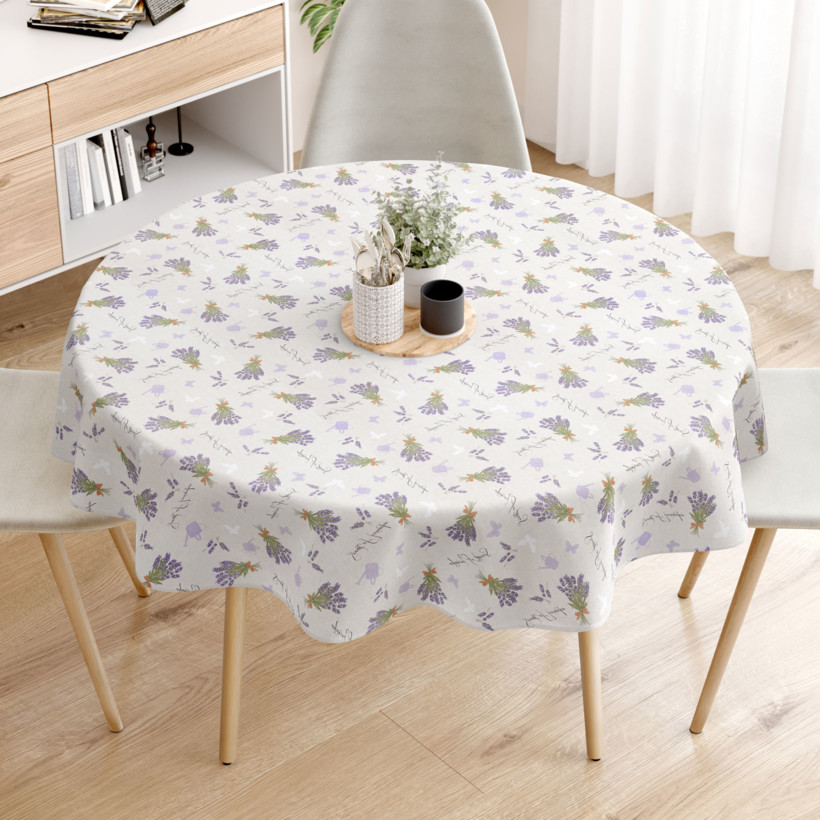 LONETA dekoratív asztalterítő - levendulavirágok és lepkék - vászonszövésű - kör alakú