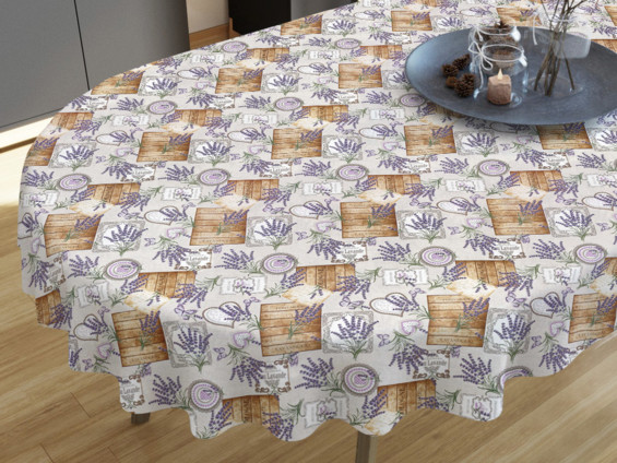 LONETA dekoratív asztalterítő - levandula mintás - vászonszövésű - ovális