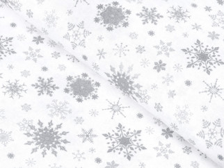 Exkluzív pamutvászon SIMONA - Karácsonyi X 28 ezüstös hópihék fehér alapon - szélesség 150 cm