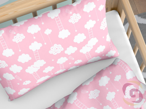 Gyermek pamut ágyneműhuzat kiságyba - cikkszám 275 felhők világos rózsaszín alapon