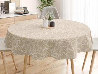 LONETA dekoratív asztalterítő - fehér ornamentek - vászonszövésű - kör alakú