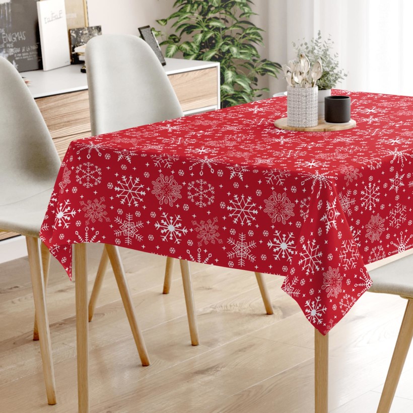 Karácsonyi pamut asztalterítő - hópihék piros alapon