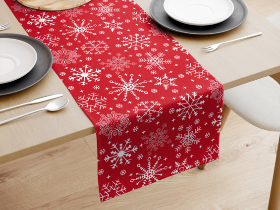 Karácsonyi pamut asztali futó - hópihék piros alapon