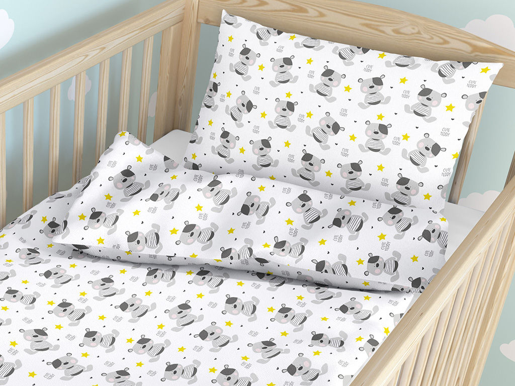 Gyermek pamut ágyneműhuzat kiságyba - cikkszám 873 aranyos kismedvék és sárga csillagok