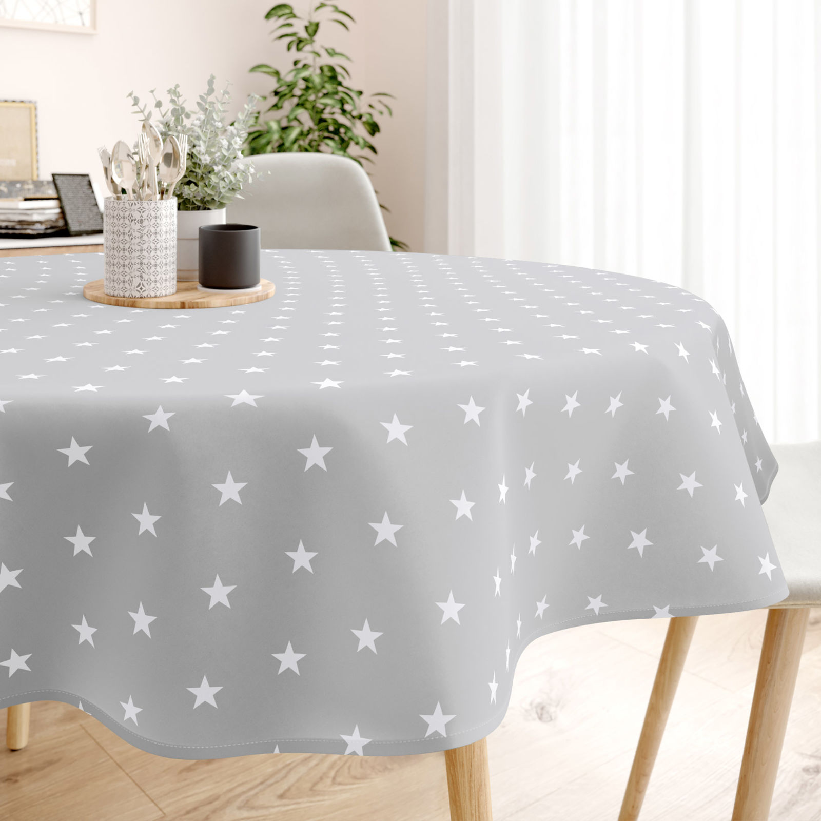 Pamut asztalterítő - fehér csillagok világosszürke alapon - kör alakú