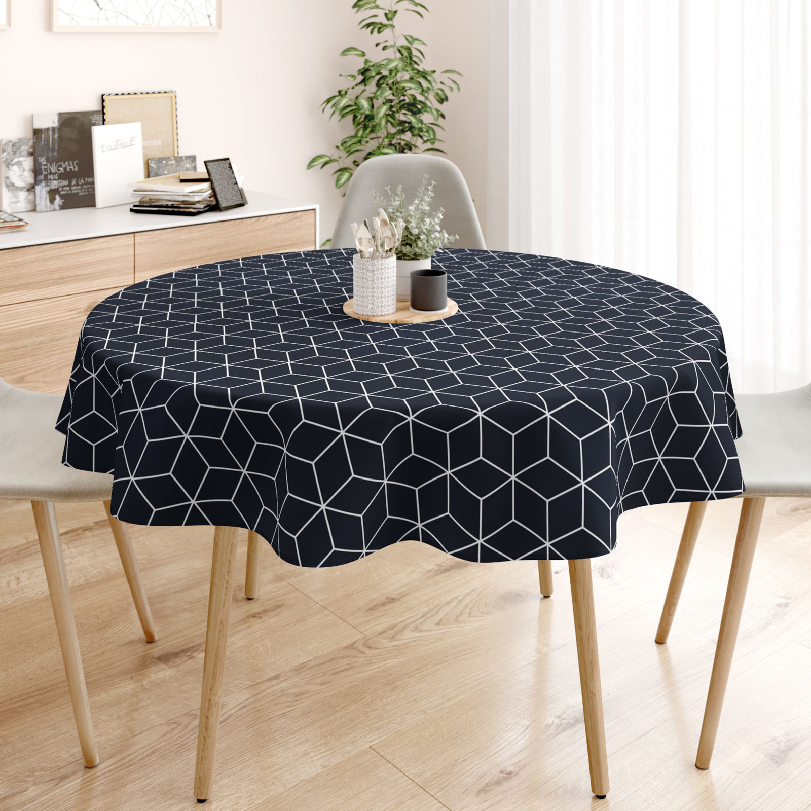 Pamut asztalterítő - mozaik mintás, sötétkék alapon - kör alakú