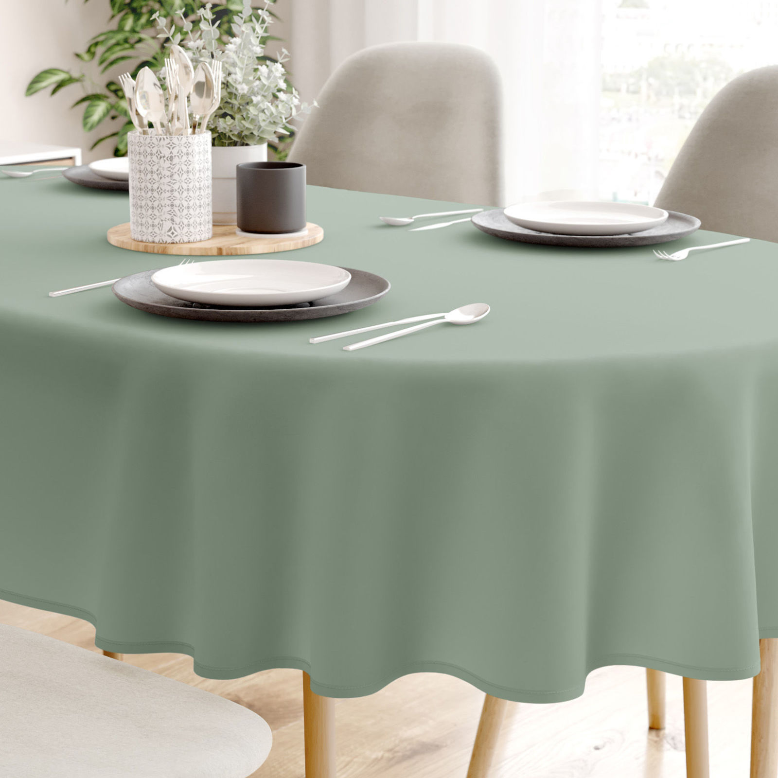 Pamut asztalterítő - Zsálya színű - ovális