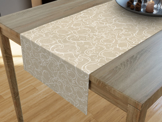 LONETA dekoratív asztali futó - fehér ornamentek / vászonszövésű
