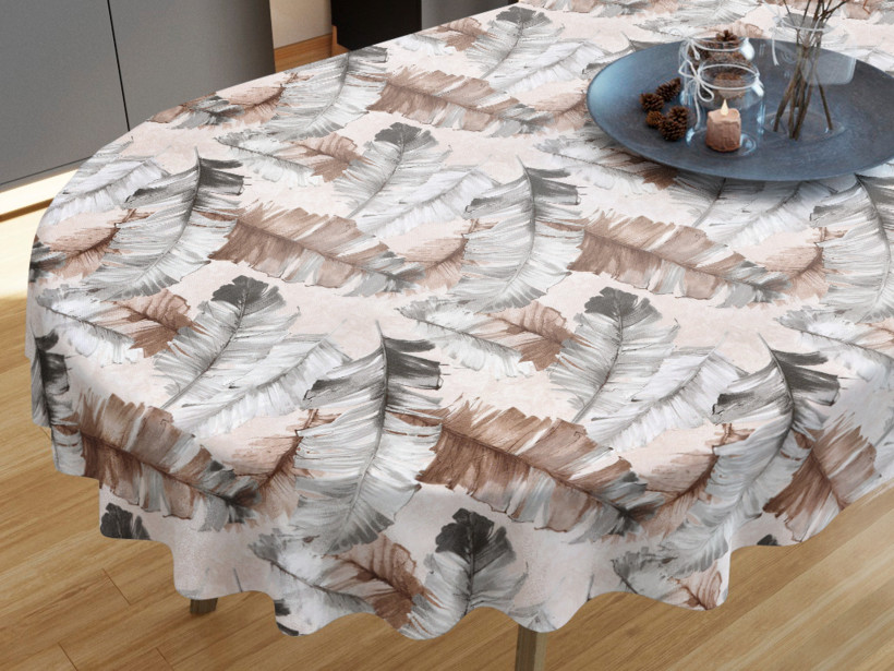 LONETA dekoratív asztalterítő - szürke és barna madártollak - ovális