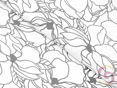 Pamutszövet - sötétszürke virágok fehér alapon