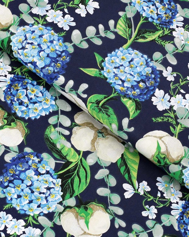 Pamutvászon - kék színű hortenzia virágok