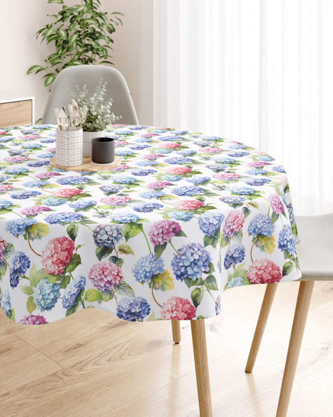 Loneta dekoratív asztalterítő - hortenzia virágok - kör alakú