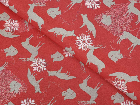 Karácsonyi dekoratív anyag LONETA - MOUNTAIN SNOW C - 401 Karácsonyi állatkák piros alapon - szélesség 140 cm