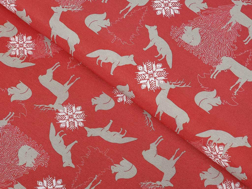 Karácsonyi dekoratív anyag LONETA - MOUNTAIN SNOW C - 401 Karácsonyi állatkák piros alapon