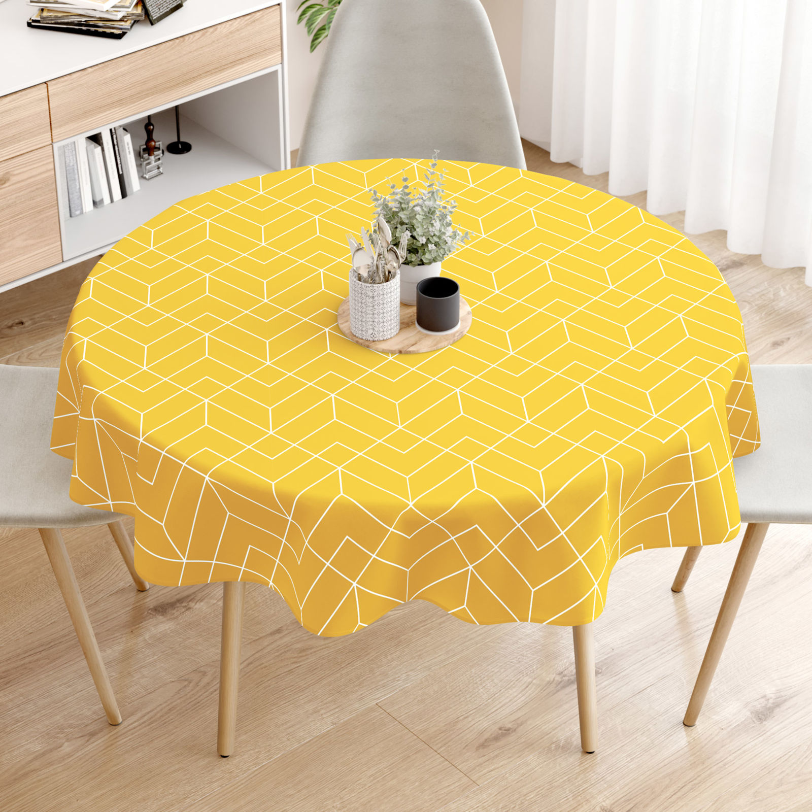 Pamut asztalterítő - Mozaik mintás, sárga alapon - kör alakú