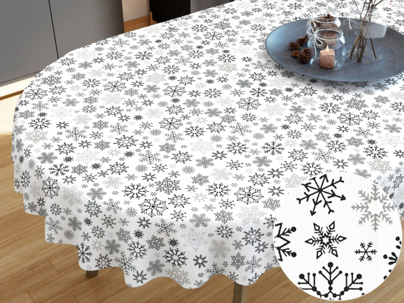 Karácsonyi pamut asztalterítő - fekete hópihék fehér alapon - ovális
