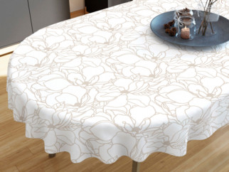 Pamut asztalterítő - világos bézs virágok fehér alapon - ovális
