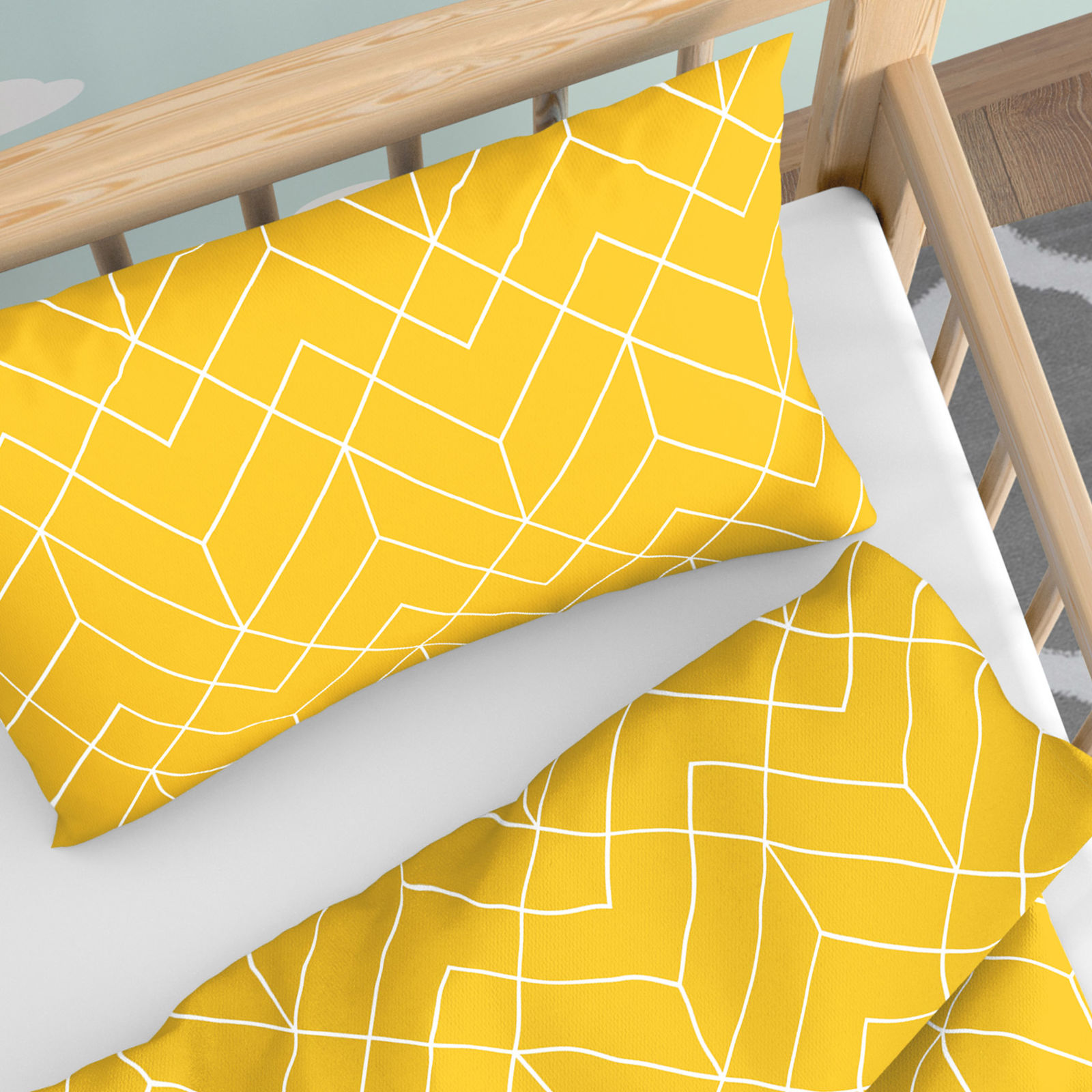 Gyermek pamut ágyneműhuzat kiságyba - Mozaik mintás, sárga alapon