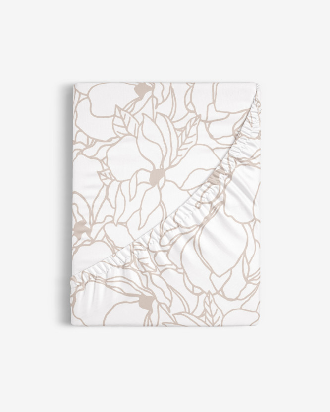 Pamut körgumis lepedő - világos bézs virágok fehér alapon