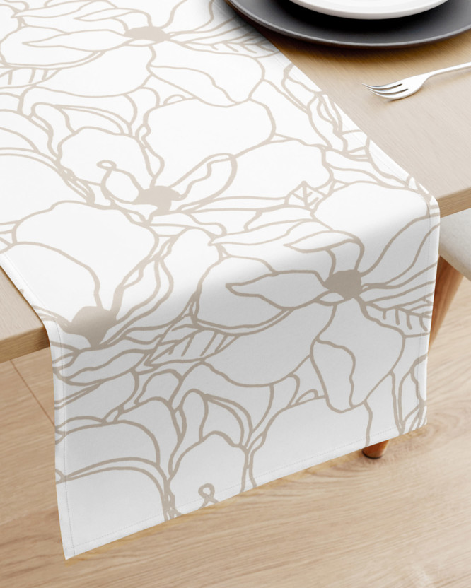 Pamut asztali futó - világos bézs virágok fehér alapon