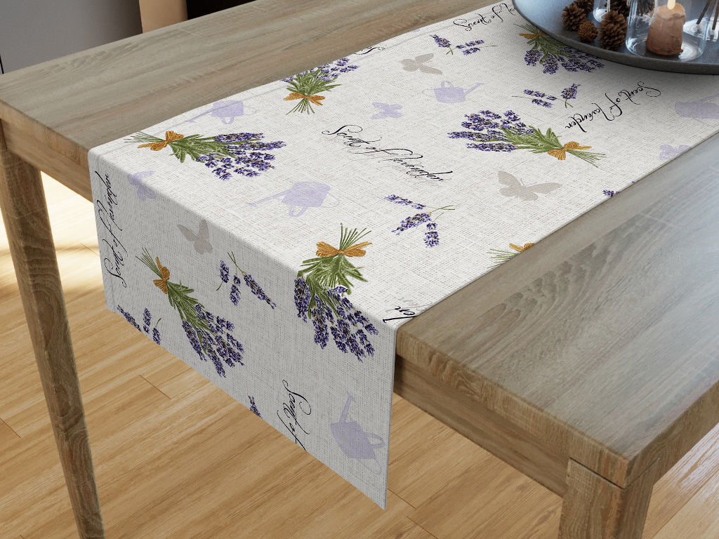 Dekoratív asztali futó - levendulavirágok és lepkék / vászonszövésű starý