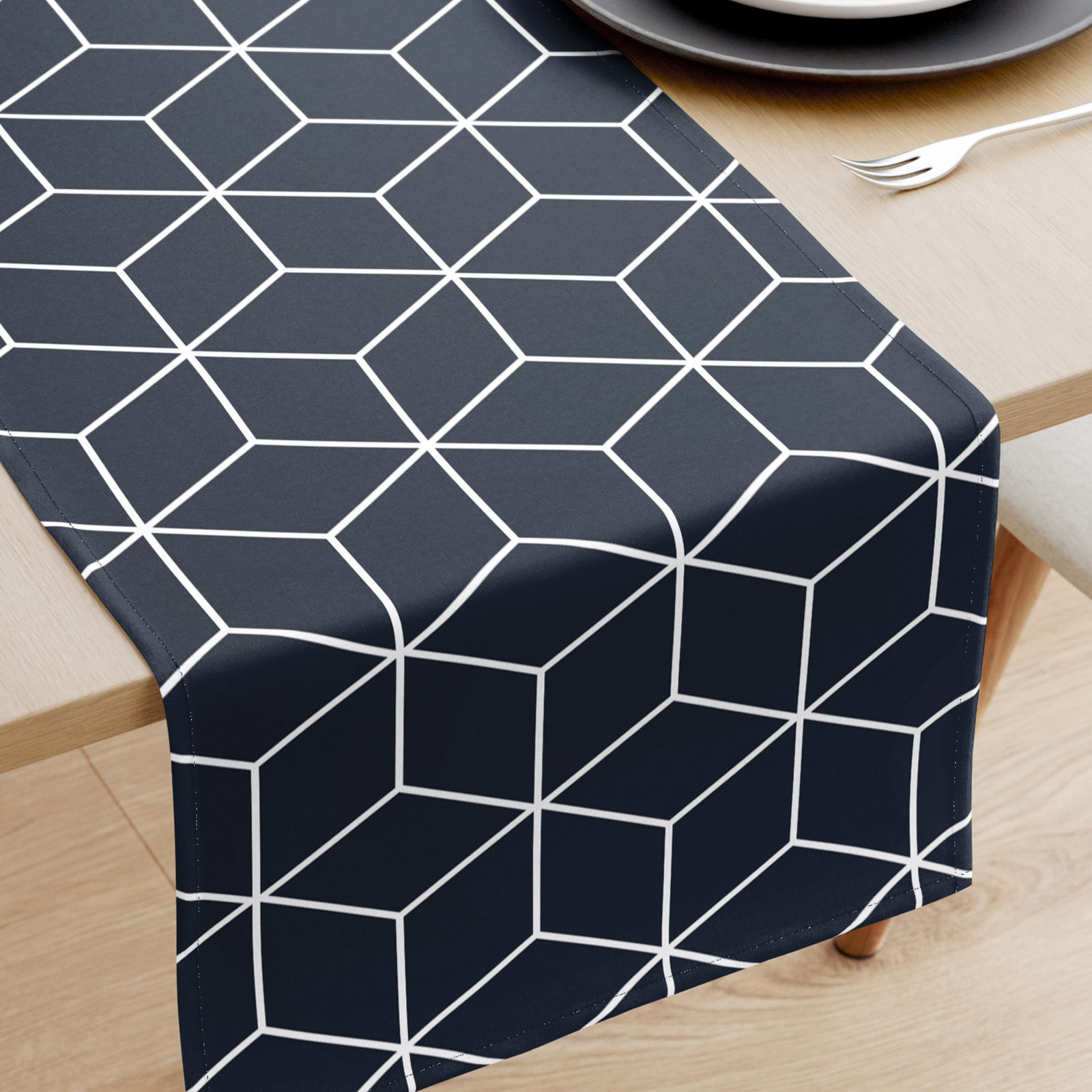 Pamut asztali futó - mozaik mintás, sötétkék alapon