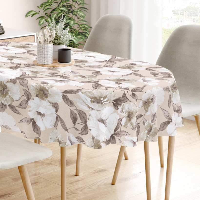 Loneta dekoratív asztalterítő - barna - fehér virágok és levelek - ovális