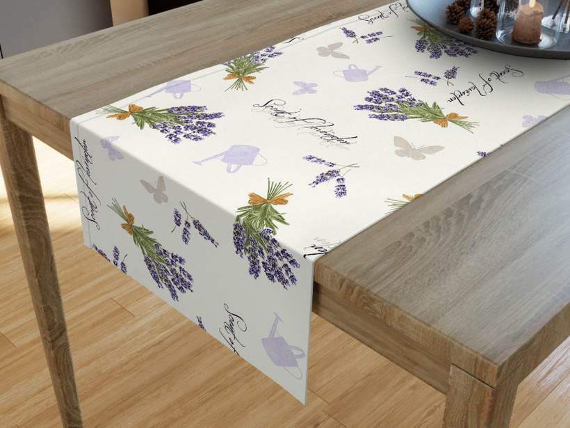 Dekoratív asztali futó - levendulavirágok és lepkék krémszínű alapon