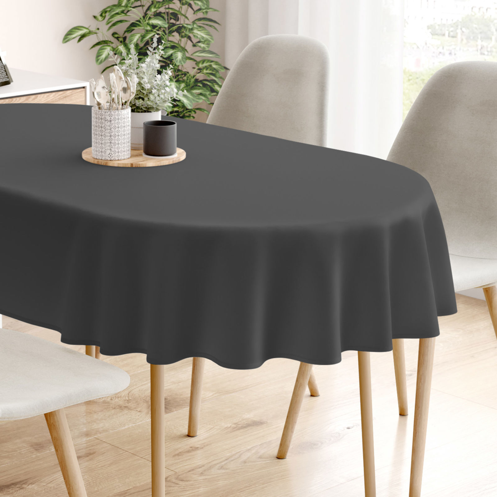Dekoratív asztalterítő Rongo Deluxe - antracit, szatén fényű - ovális