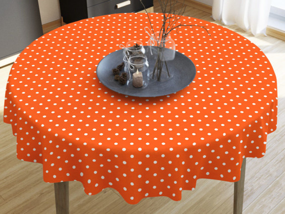 LONETA dekoratív asztalterítő - fehér pöttyös narancssárga alapon - kör alakú