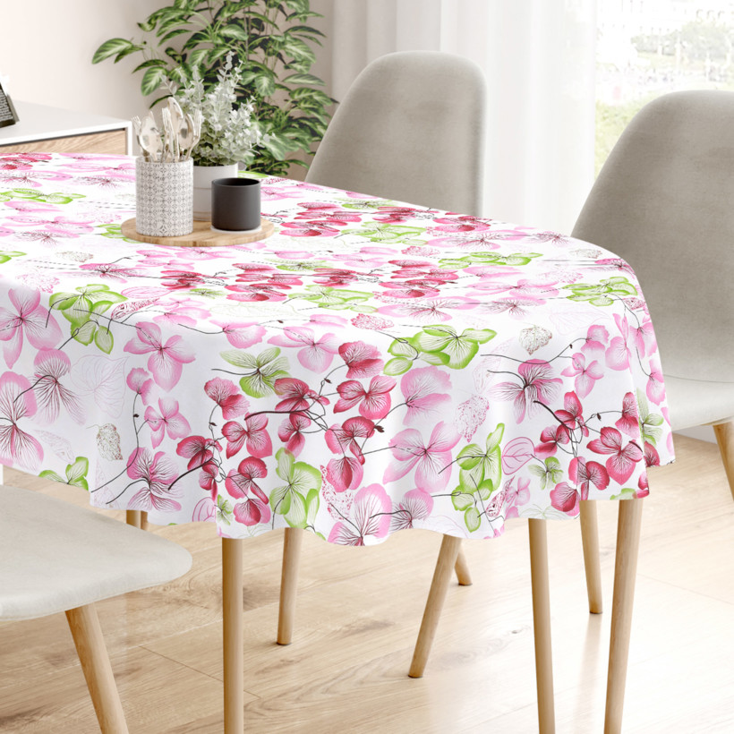 Pamut asztalterítő - rózsaszín - zöld virágok és levelek - ovális