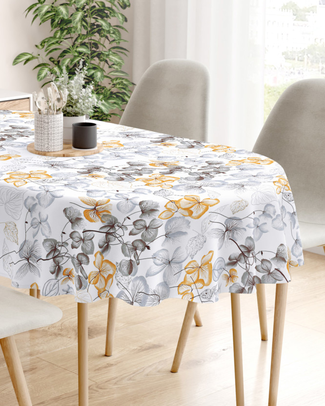 Pamut asztalterítő - barna - szürke virágok és levelek - ovális