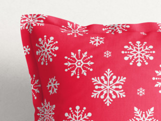 Karácsonyi pamut párnahuzat, dekoratív szegéllyel - hópihék tűzpiros alapon
