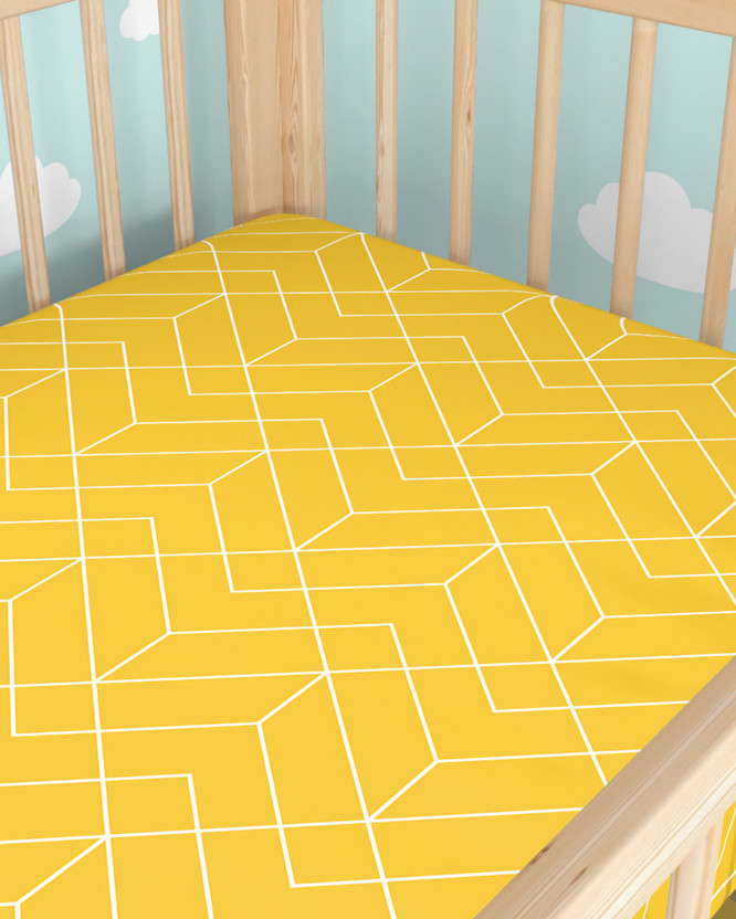 Gyermek körgumis pamut lepedő kiságyba - Mozaik mintás, sárga alapon