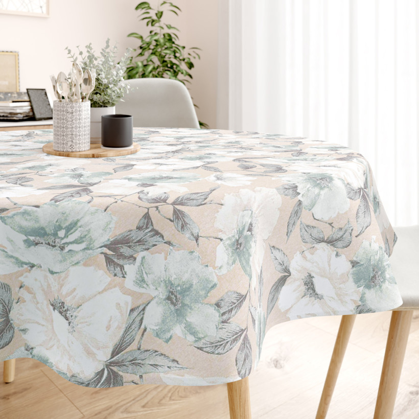 Loneta dekoratív asztalterítő - fehér és zsálya színű virágok - kör alakú