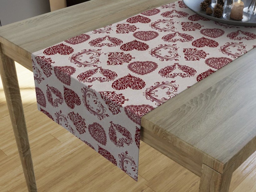 LONETA dekoratív asztali futó - piros szívek / vászonszövésű