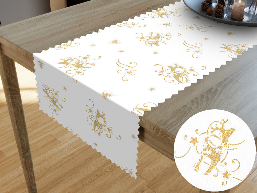 Teflonbevonatú asztali futó - aranyszínű karácsonyi rénszarvasok fehér alapon