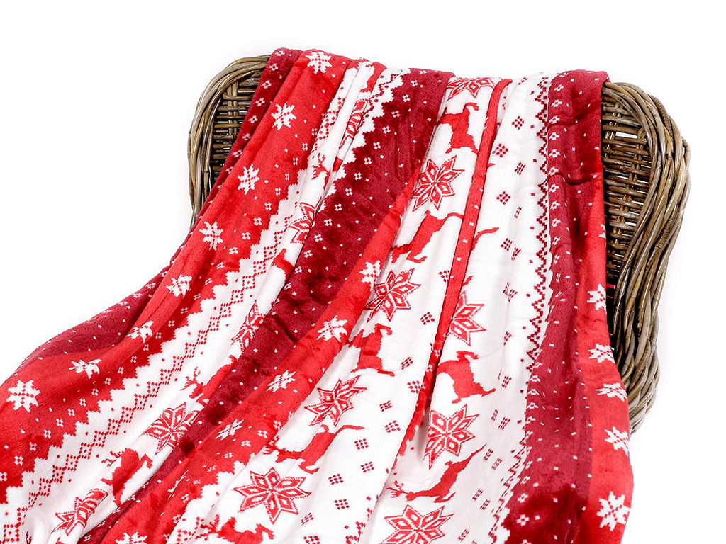 Karácsonyi mikroszálas takaró - hópihék és rénszarvasok piros alapon