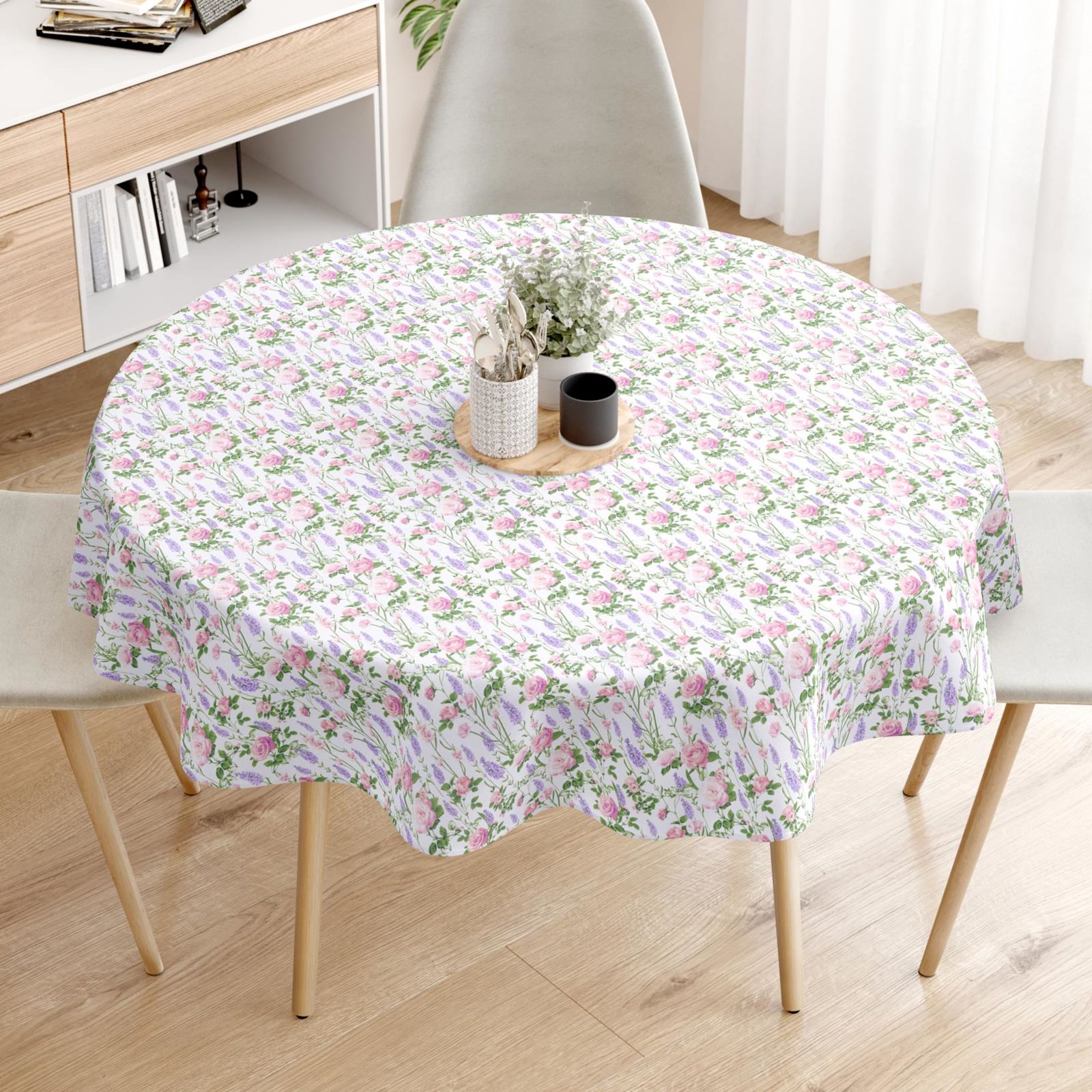 Pamut asztalterítő - rózsa virágok és levandulák - kör alakú