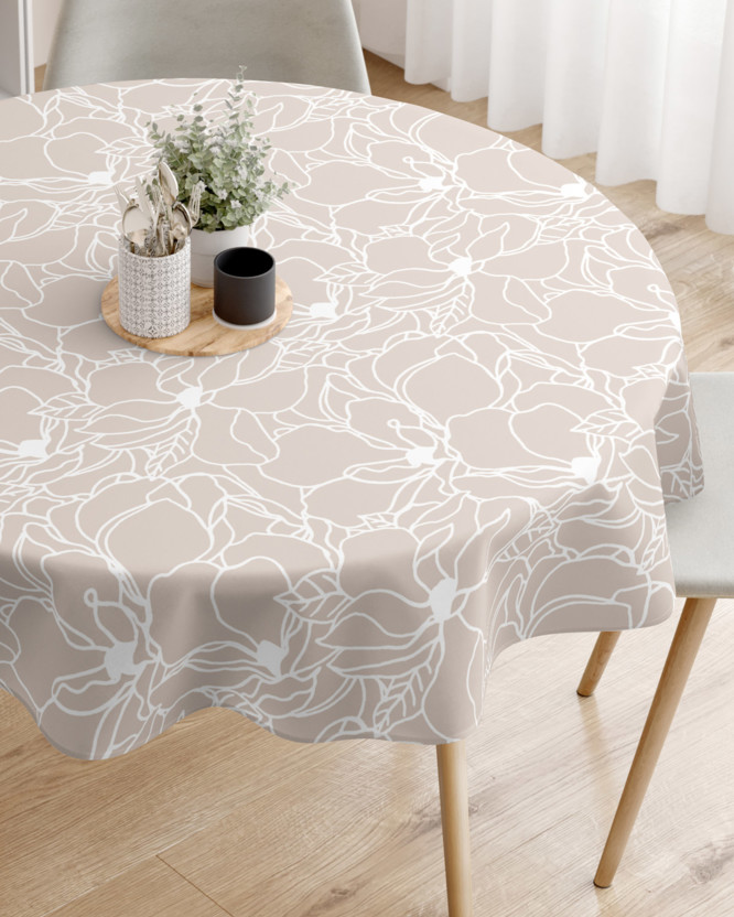 Pamut asztalterítő - fehér virágok világos bézs alapon - kör alakú