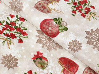 Vánoční dekorační látka VERONA - vzor vánoční ozdoby na režném - šířka 140cm