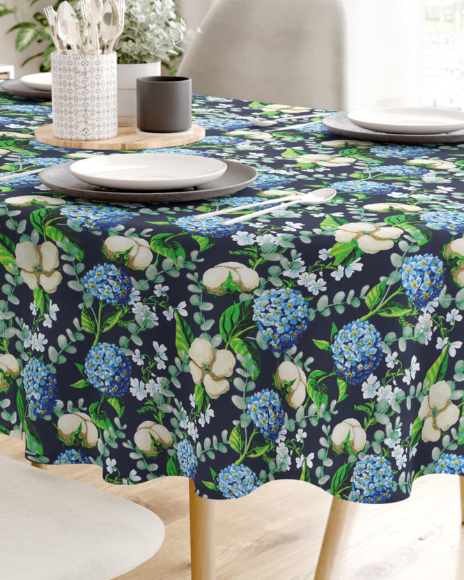 Pamut asztalterítő - kék színű hortenzia virágok - ovális
